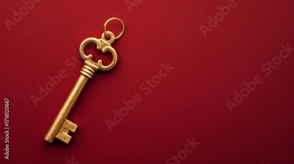 Fototapeta Elegant Golden Key with Space for Branding on Red Background
