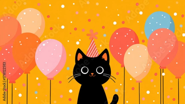 Fototapeta Black cat wearing party hat surrounded by pastel orange, pink, and red balloons on yellow confetti background, cheerful celebration