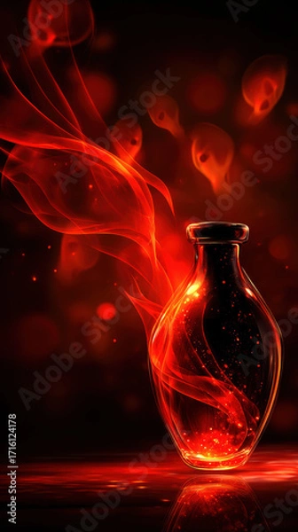 Fototapeta Magical red potion bottle with glowing swirling smoke, mysterious fantasy atmosphere, dark background, enchanting mood