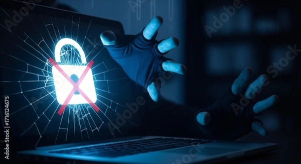 Fototapeta Cyber Attack and Data Breach Concept with a Hacker's Hand Breaking Out of a Laptop Screen with a Broken Padlock