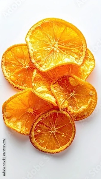 Fototapeta Dehydrated citrus slices, golden-amber hue, slightly curled edges, glistening surface, arranged on white background