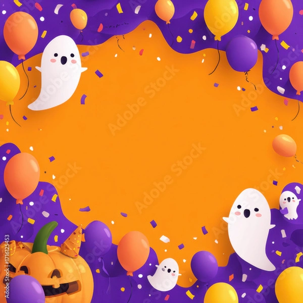 Fototapeta Cheerful orange and purple background with cute ghost, pumpkin, balloon, confetti, festive Halloween party celebration border