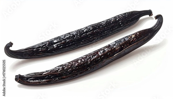 Fototapeta Two dark brown, wrinkled vanilla beans, slightly curved, lie on a bright white background, showcasing their texture and length