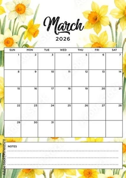 Obraz March 2026 Planner Calendar, A4 Paper