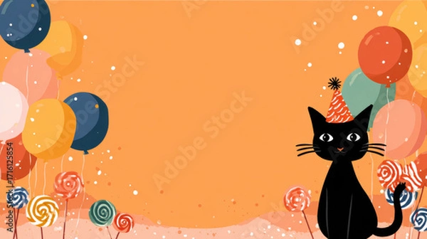 Fototapeta Black cat party hat pastel orange background with balloons and lollipops, festive and cute celebration scene