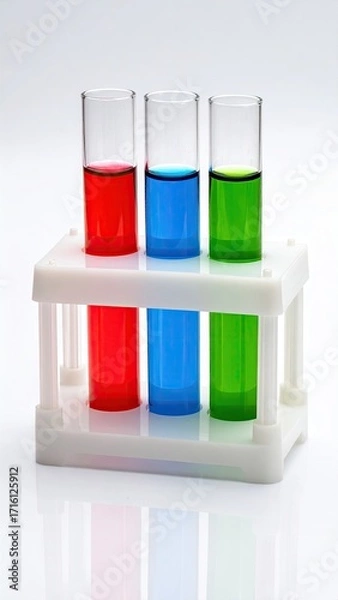 Fototapeta Three test tubes, red, blue, and green liquids, held in a white rack on a reflective surface