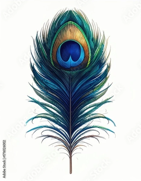Obraz A single, vibrant peacock feather, detailed and realistic, showcases iridescent blues, greens, and golds in its eye and plume