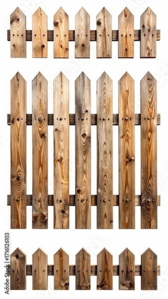 Obraz Three rustic wooden picket fences, varying in height, shown against a white background, featuring pointed tops and visible wood grain