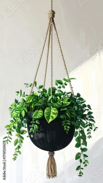 Obraz Lush green foliage spills from a dark-potted hanging planter, suspended by a knotted rope, against a bright interior