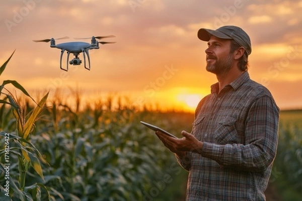 Fototapeta Farmer controlling drone over cornfield at sunset using tablet Agriculture