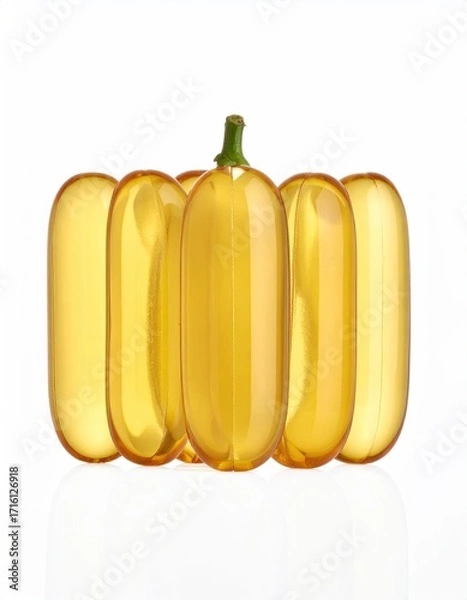 Fototapeta Five translucent amber capsules arranged like a pumpkin against a white background, reflecting light