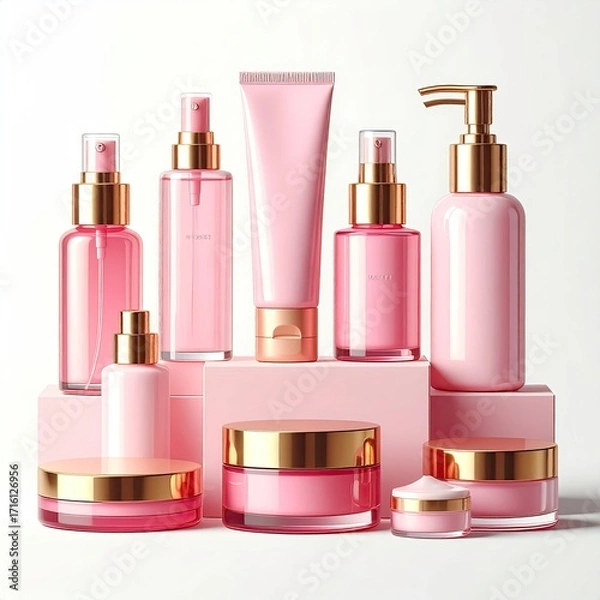 Fototapeta A collection of pink cosmetic containers, varying in shape and size, displayed on minimalist pink platforms against a white background