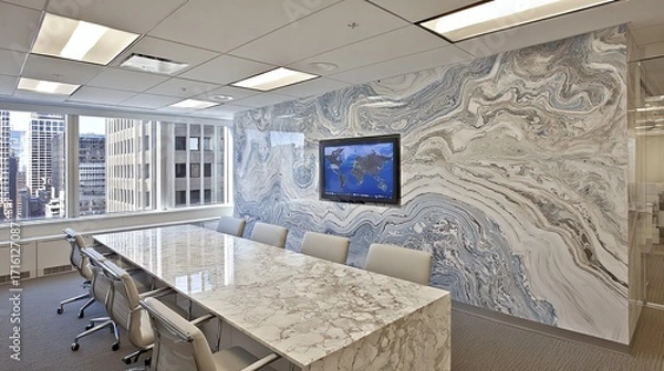 Fototapeta An elegantly designed conference room features a striking wall of swirling, pale blue and white stone, creating a dynamic backdrop for collaborative meetings and professional discussions.