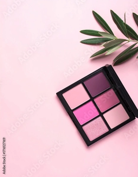 Fototapeta A six-pan eyeshadow palette in various pink shades rests on a pink background, adorned with an olive branch