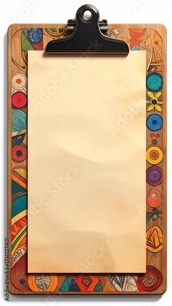 Fototapeta Wooden clipboard with blank parchment paper, adorned with vibrant, geometric border designs