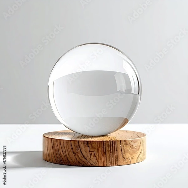 Fototapeta A large, clear glass sphere rests on a small, round wooden base, subtly shadowed against a white backdrop