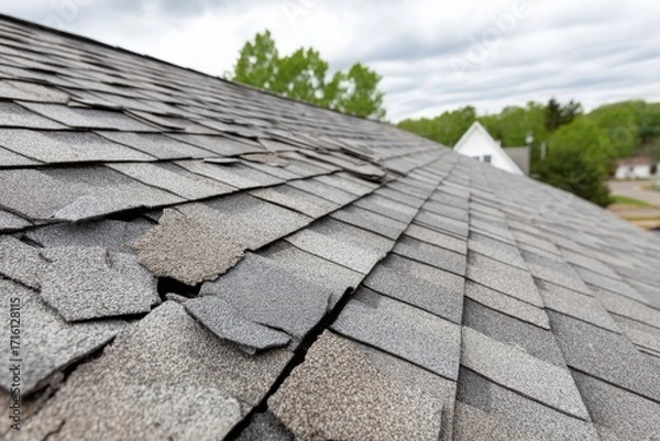 Obraz A close-up view of a severely damaged grey asphalt shingle roof showing extensive wear and tear, with curled, cracked, and missing shingles under a cloudy sky.