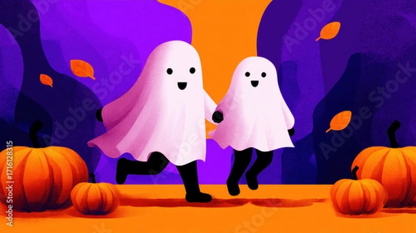 Fototapeta Two happy cartoon ghosts run together among pumpkins and falling leaves on vibrant orange and purple background, evoking festive Halloween mood