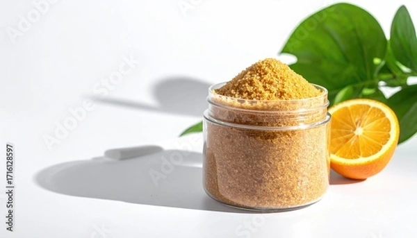 Obraz A glass jar of coarse, light orange-hued granules sits on a white surface, next to a sliced orange and vibrant green leaves, cast in bright sunlight