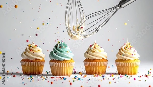 Obraz A whisk hovers above four frosted cupcakes,  drizzling icing while colorful sprinkles fall