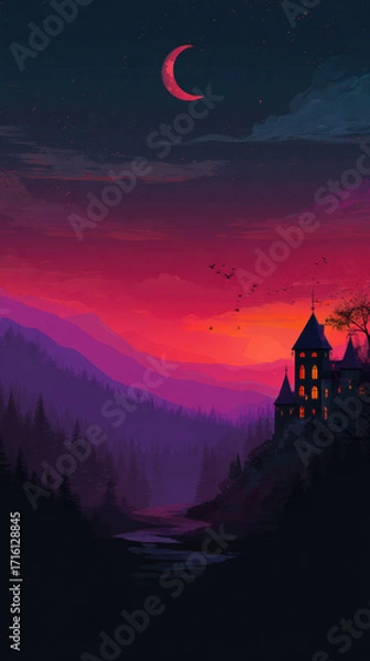 Fototapeta Mysterious castle silhouette glowing windows purple mountains red sky crescent moon dramatic fantasy night landscape