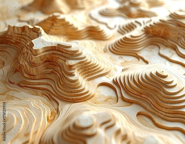 Obraz Abstract wood carving depicting a mountainous landscape with layered contours and varying heights, lit by soft light