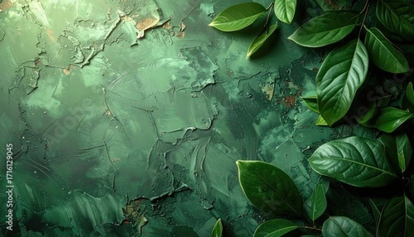 Obraz Lush green leaves arranged on a textured, dark green background, creating a vibrant, natural scene