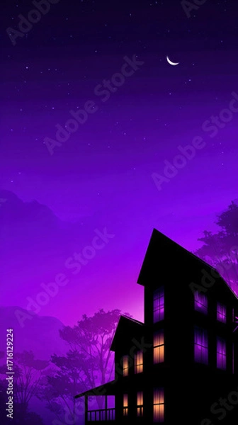 Fototapeta Silhouette house glowing windows purple gradient night sky crescent moon tranquil starry forest peaceful digital art