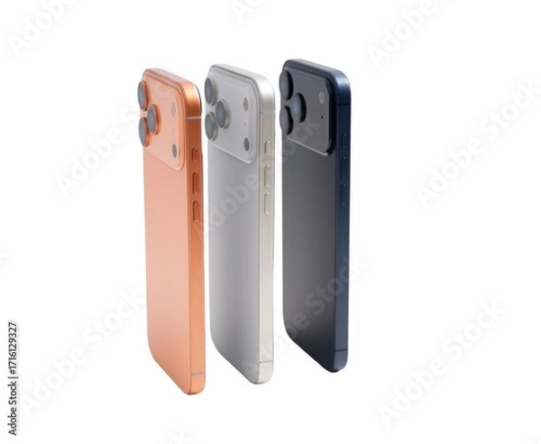 Fototapeta Three different colored phones are lined up on a white background