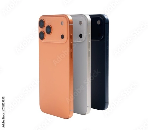 Fototapeta Three cell phones are lined up, one of which is orange