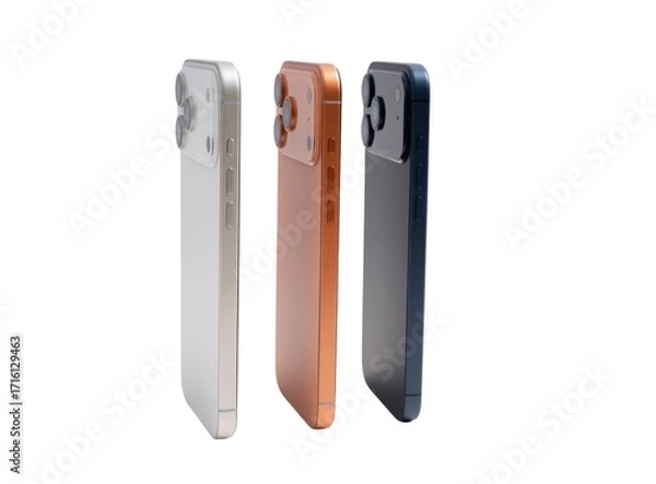 Fototapeta Three different colored phones are lined up next to each other