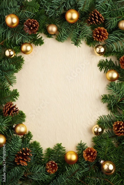 Fototapeta Christmas frame with gold baubles, green fir branches, and pine cones on a soft cream textured background. Festive background for greeting cards, invitations, packaging, or seasonal projects.