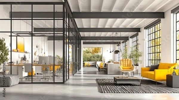 Fototapeta An inviting, modern office space features a blend of open collaboration areas and private workstations, bathed in natural light and accented with warm yellow tones, creating a productive atmosphere.