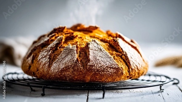 Fototapeta baked sourdough loaf cooling on a wire rack, steam rising, golden crust and artisanal scoring visible, illustrated on white background sourdough, loaf, cooling, wire rack, baking, bread, crust, 