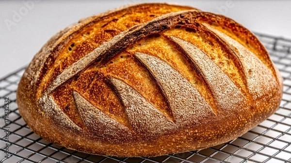 Fototapeta baked sourdough loaf cooling on a wire rack, steam rising, golden crust and artisanal scoring visible, illustrated on white background sourdough, loaf, cooling, wire rack, baking, bread, crust, 