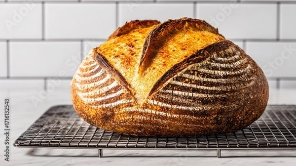 Fototapeta baked sourdough loaf cooling on a wire rack, steam rising, golden crust and artisanal scoring visible, illustrated on white background sourdough, loaf, cooling, wire rack, baking, bread, crust, 