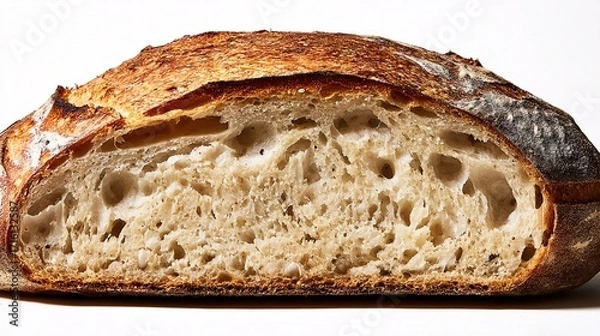 Fototapeta illustrated cross-section of sourdough crumb structure, airy holes, uneven texture, showing interior of a sliced loaf, white background sourdough, crumb, interior, structure, cross-section, 