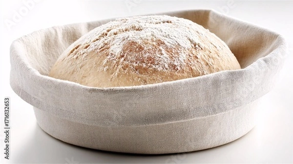 Fototapeta representation of proofing dough in a cloth-lined banneton basket, visibly expanded, dusted with flour, side angle, white background sourdough, proofing, dough, banneton, basket, fermentation, 