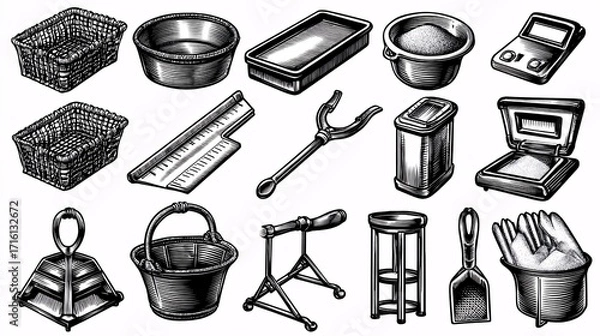 Fototapeta baking tools used in sourdough making: banneton basket, lame, dough scraper, digital scale, flour sifter, all isolated on white sourdough, tools, baking, kitchenware, banneton, basket, lame, 