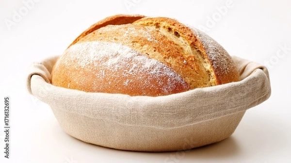 Fototapeta representation of proofing dough in a cloth-lined banneton basket, visibly expanded, dusted with flour, side angle, white background sourdough, proofing, dough, banneton, basket, fermentation, 