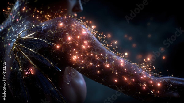 Fototapeta Glowing mesh overlays human skin surface, highlighting cellular network and futuristic technology, evoking wonder and innovation