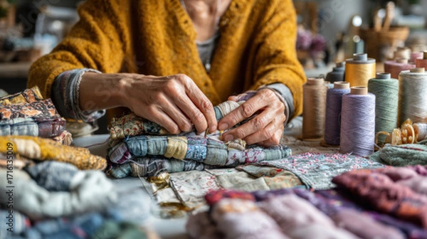 Fototapeta Hand sewing fabric with care, colorful thread spools, patchwork textiles, creative reuse, cozy workspace, sustainable craft