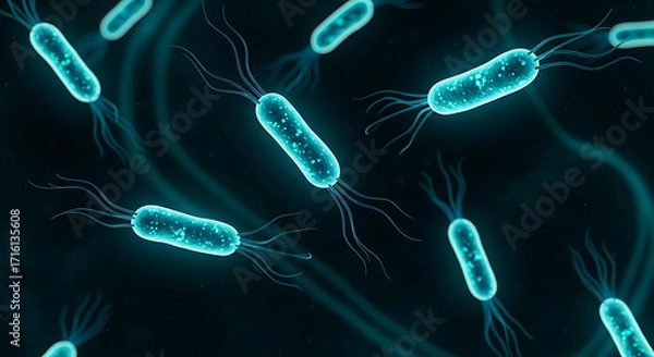 Fototapeta Microscopic view of glowing blue rod shaped bacteria with flagella swimming in dark environment