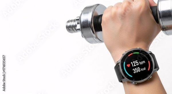 Obraz Hand holding dumbbell fitness tracker watch health monitoring technology concept Modern minimalist style Isolated on white backgro
