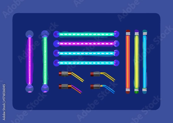 Obraz Halogen or led light lamps elements pack for night party or game design. Neon light tubes set. Colorful glowing lines or borders collection isolated on dark blue background. Color vector illustration
