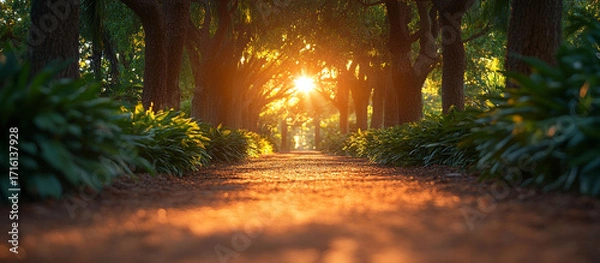 Fototapeta Sunlit Pathway Through Trees.