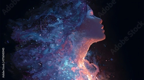 Fototapeta A glowing feminine figure with flowing hair of colorful stardust, framed by a dark universe