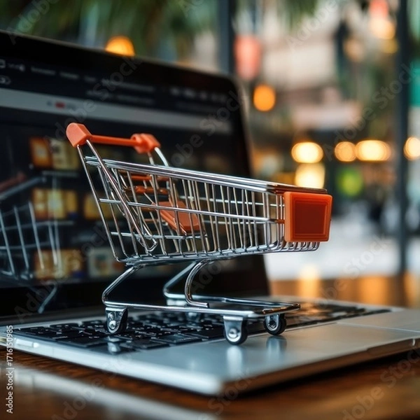 Fototapeta Miniature Shopping Cart on Laptop Exploring Online Retail Possibilities