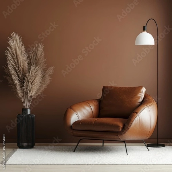 Obraz Elegant Interior with Leather Armchair, Pampas Grass, and Floor Lamp