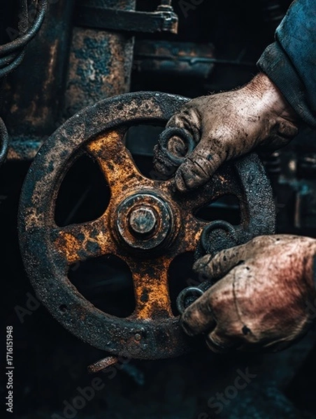 Fototapeta Industrial worker manipulates valve wheel on aged machine apparatus